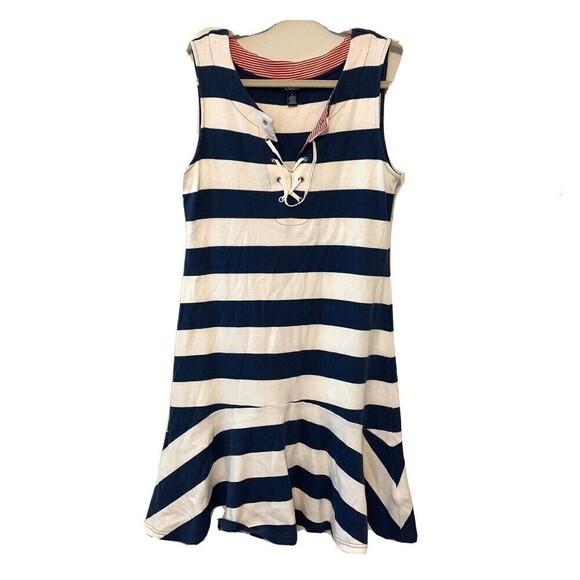 CHAPS Womens Size Medium Nautical Blue White Stripe Sleeveless Flutter Hem Dress - Picture 1 of 6